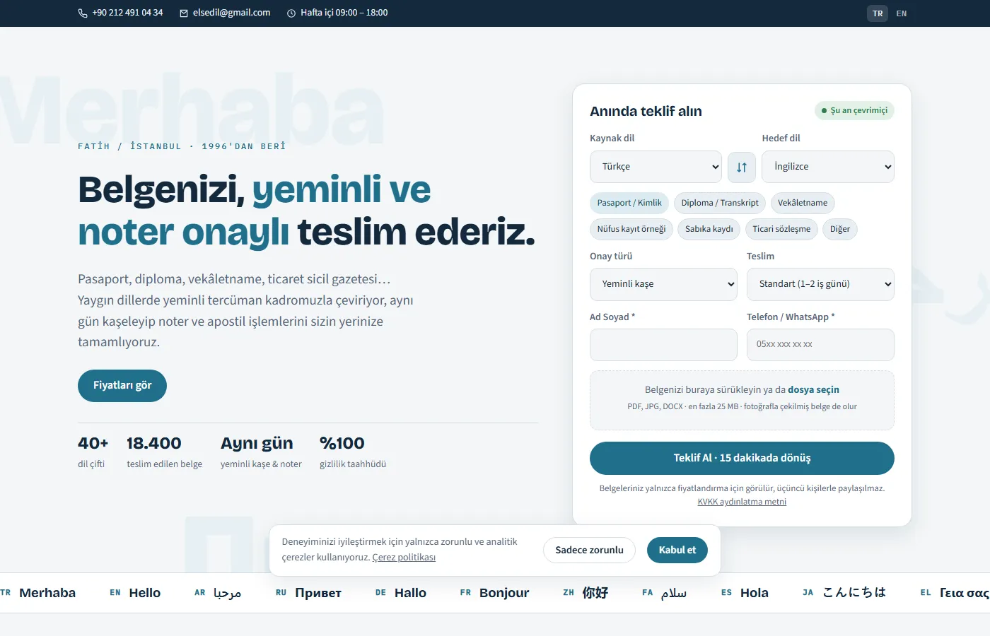 Else Dil Tercüme: Sworn, notarised and apostilled translation office, with an online quote form and same-day delivery.