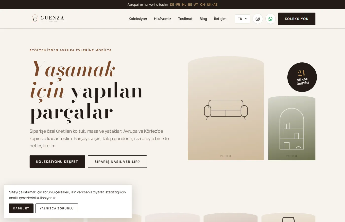 Guenza: Furniture storefront for made-to-order sofas, tables and beds, delivered across Europe and the Gulf.