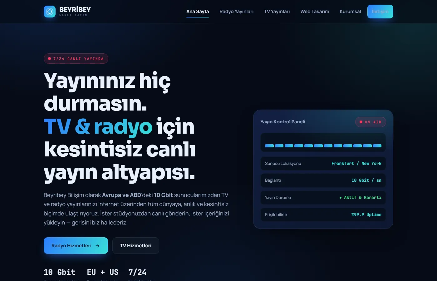 Beyribey Canlı Yayın: Our own live streaming service: we carry TV and radio broadcasts online around the clock from servers in Europe and the US.