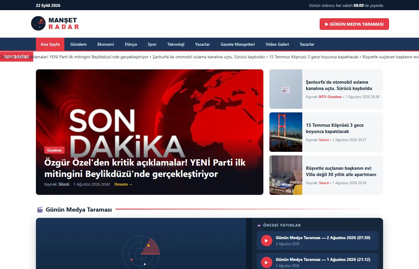 Manşet Radar: Headline-driven news site with a live feed and category-based publishing.