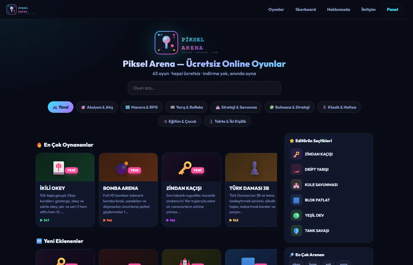 Piksel Arena: Platform with dozens of free Turkish games that play instantly in the browser, no install needed.