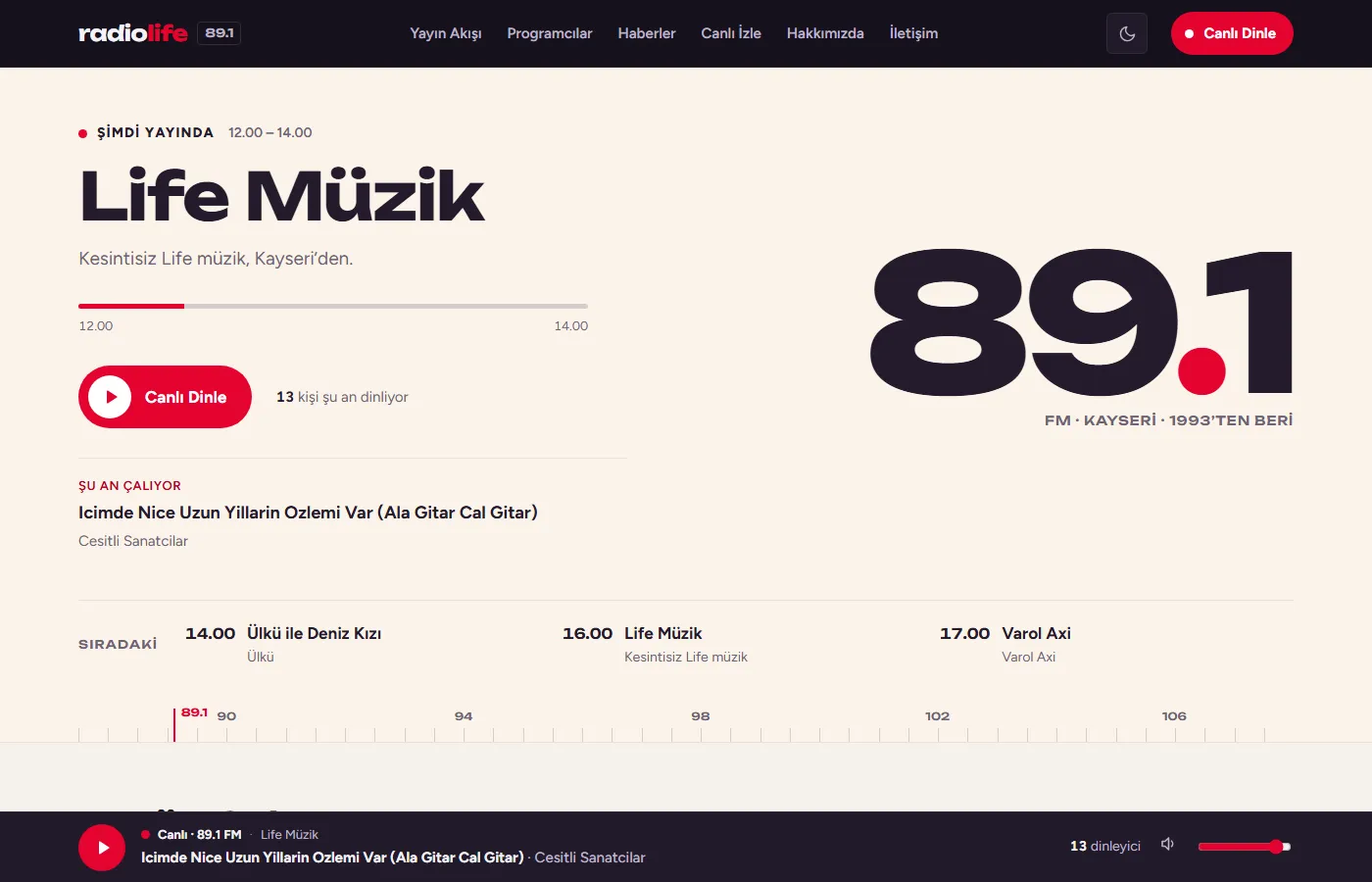 Radio Life 89.1: Site of Radio Life, on air in Kayseri since 1993: live listening, programme schedule and presenters.