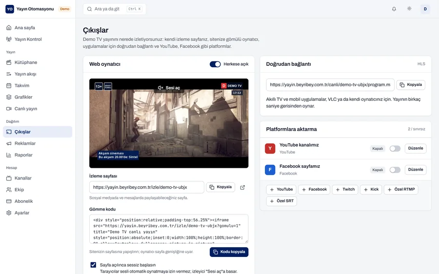 Çıkışlar ekranı: web oynatıcı, gömme kodu ve platform aktarmaları